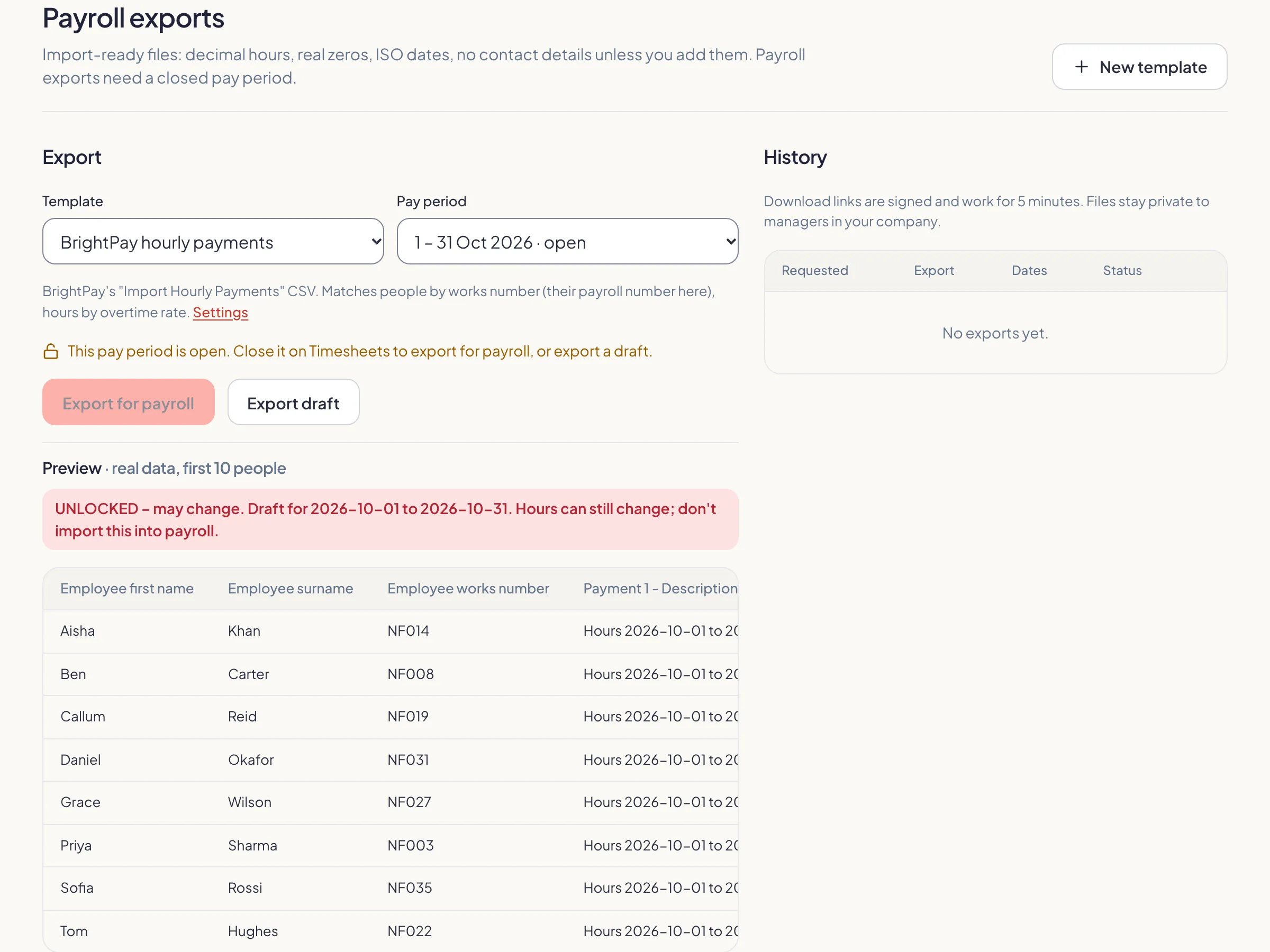KiteClock's payroll exports page with the BrightPay hourly payments template selected.