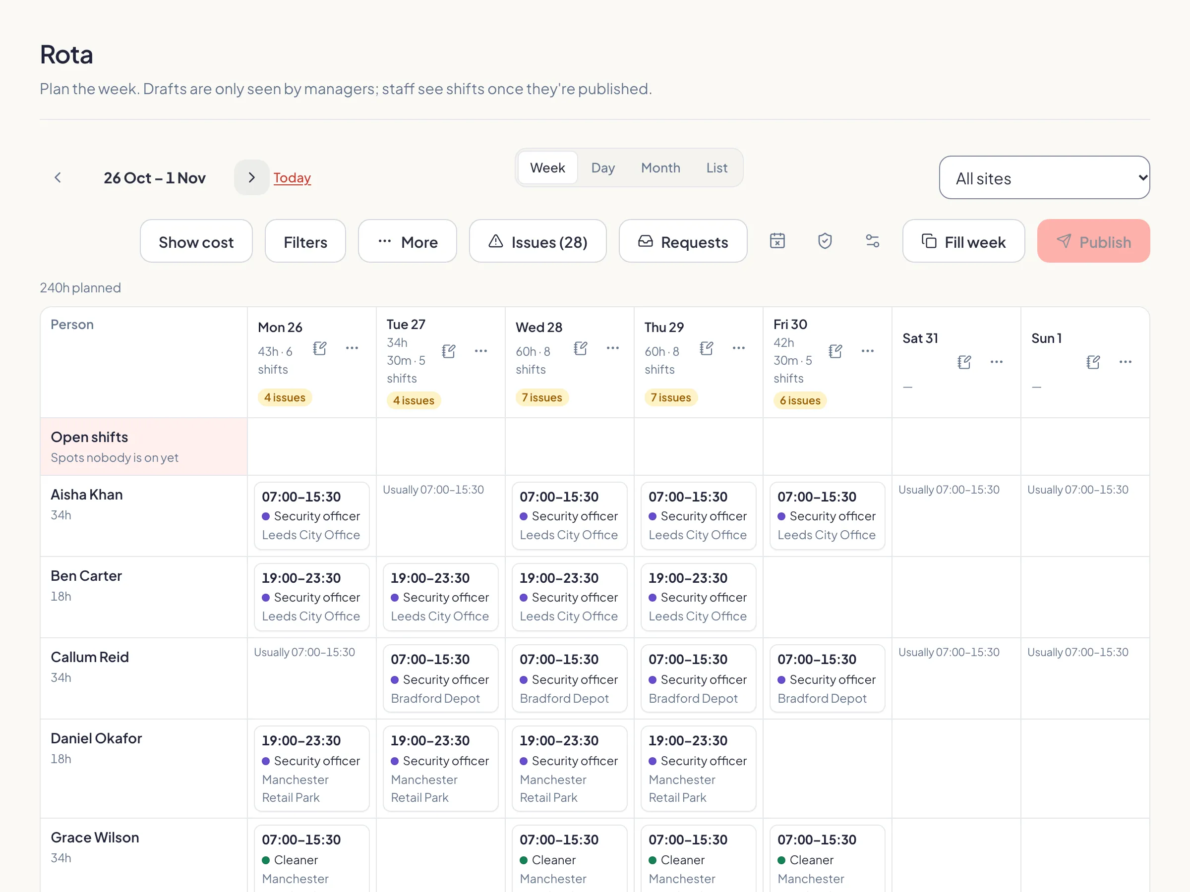 A week's rota in KiteClock: each person's shifts by site and position, with planned hours per day.