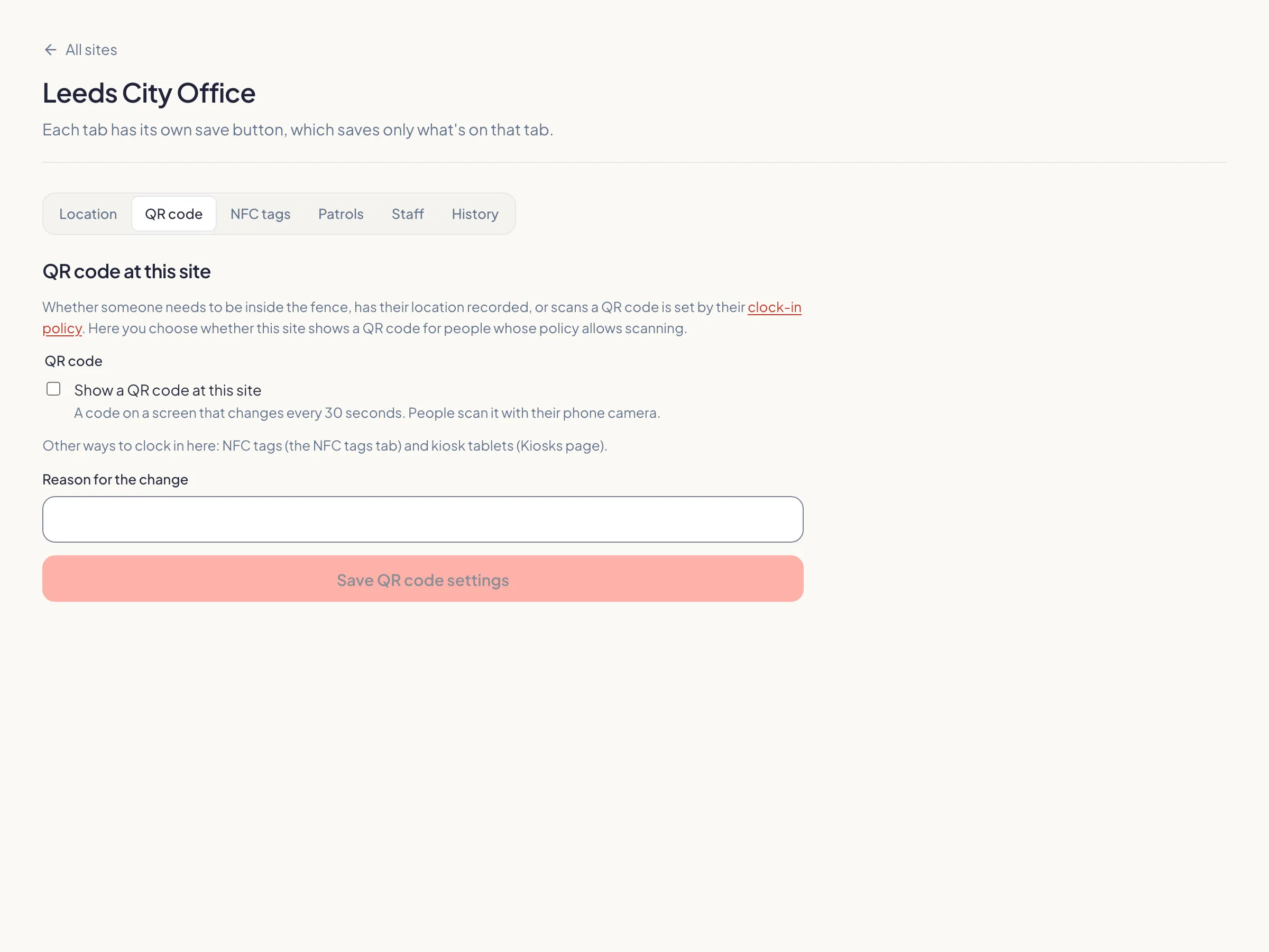 The QR code tab for Leeds City Office in KiteClock.