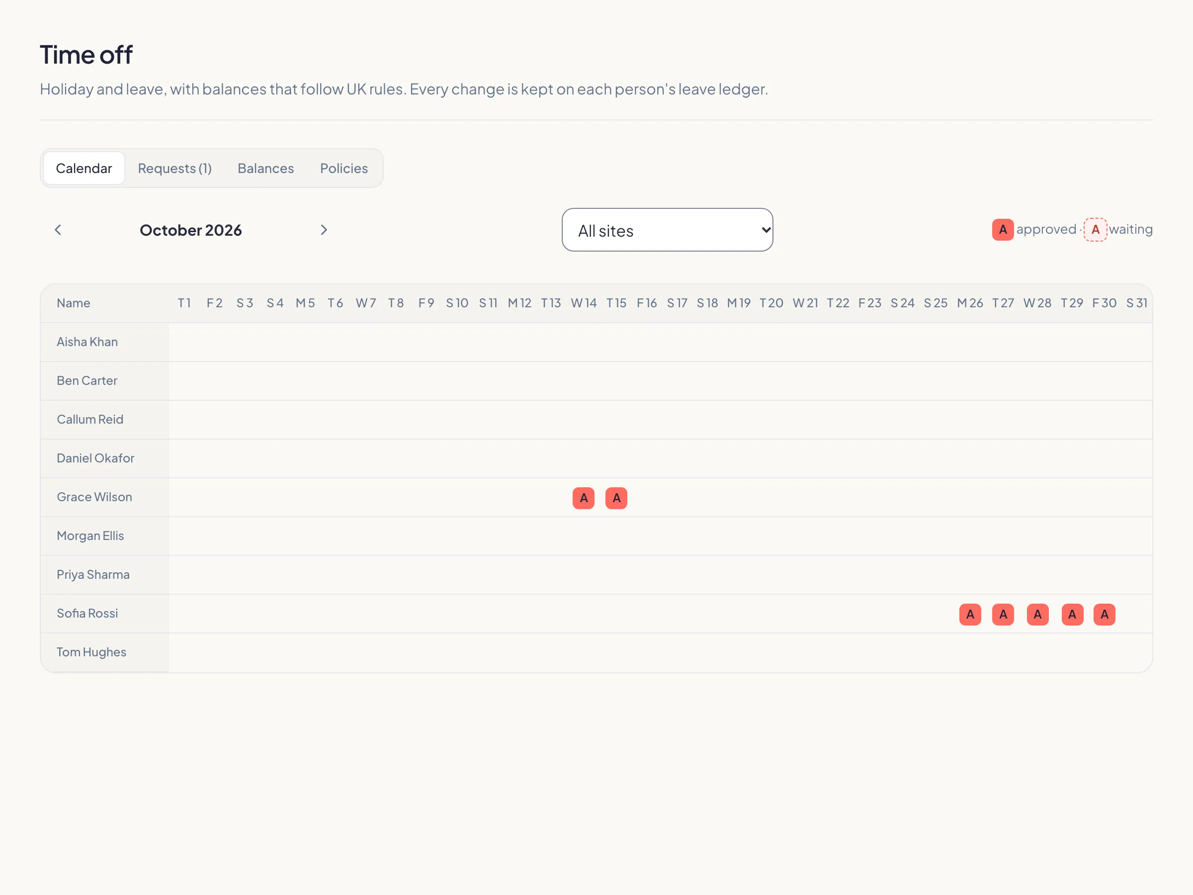 Approved holiday in KiteClock's time off calendar.